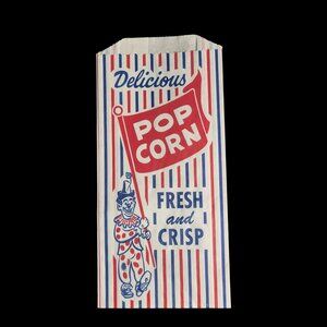 100 Vtg Paper Popcorn Bags Red White Blue with Clown - 4x1.5x8 "